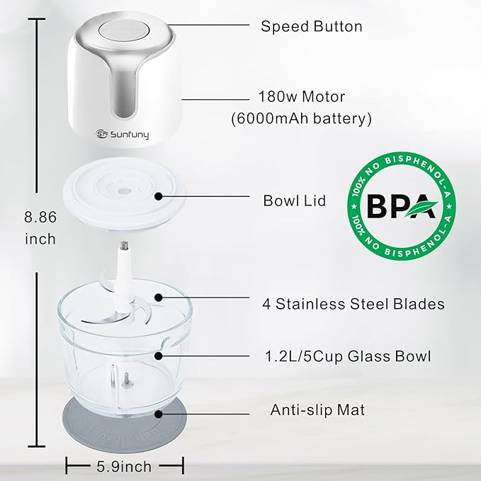 Food Processor Cordless, Small Wireless Chopper with 5-Cup Glass Bowl, 6000mAh Battery USB-C Rechargeable Electric Vegetable Chopper Meat Blender Kitchen Mixer for Garlic, Onion, Salad,Baby Food,White