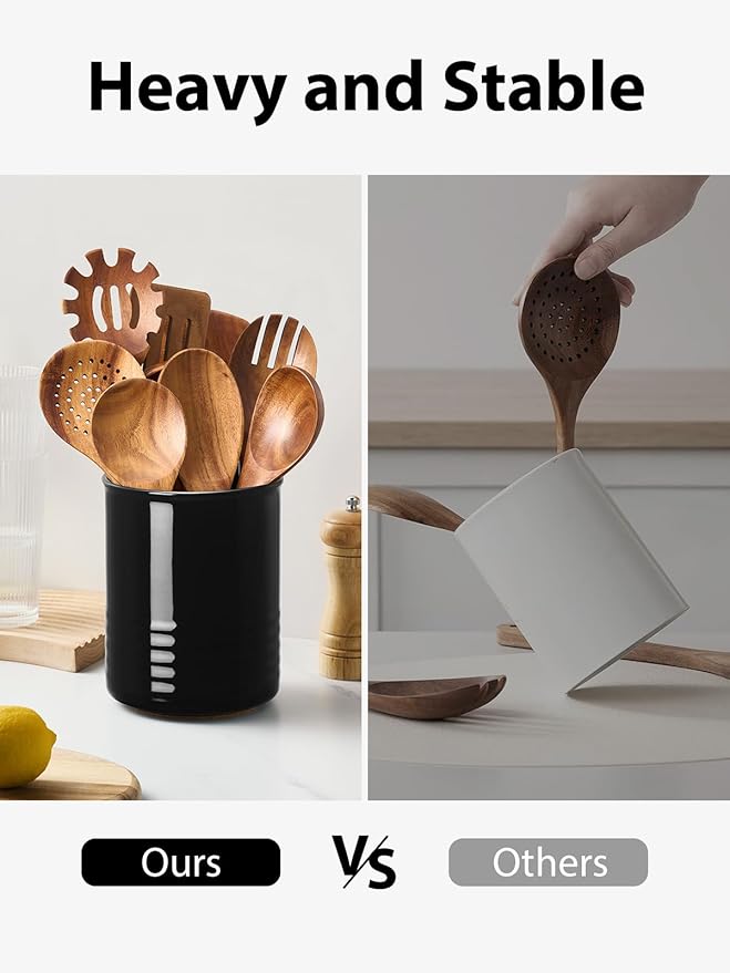 Utensil Holder, 6.7" Ceramic Kitchen Utensil Crock for Countertop Cooking, Modern Utensil Caddy Jar Organizer for Farmhouse Kitchen Counter Decor (Black)