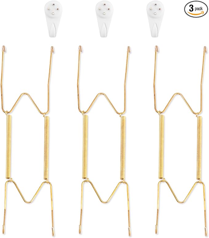 3 Pack Plate Hangers for The Wall, Suitable for 9-11 inch Art Plate, Stainless Steel Invisible Heavy Duty Wire Plate Holder with Wall Hooks, Plate Hangers for Displaying Plates, Platter, Dish, Gold