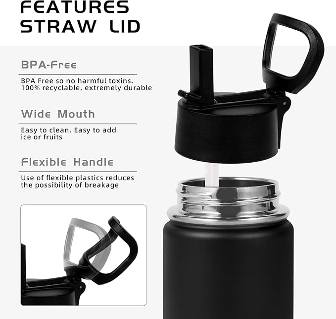Volhoply 14oz KIds Water Bottle with Straw Lid and Silicone Boot Bulk 6 Pack,Stainless Steel Insulated Cups for Boys & Girls Multipack,Double Wall Vacuum Leakproof Bottles(Black,6)