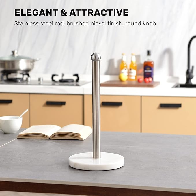 Paper Towel Holder with Sturdy Marble Base, Freestanding Paper Towel Holder Countertop, One-Handed Use, No Wobbly (Brushed Nickel)