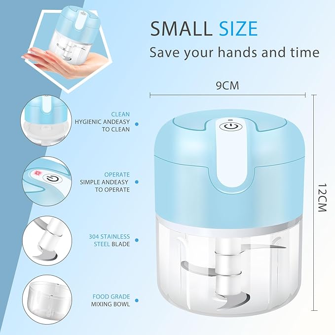EASYSPEED Electric Garlic Chopper 1Cup, Mini USB Charging Wireless Food Processor with 304 Stainless Steel, 3 Sharp Blades, Portable Kitchen Meat Grinder for Onion, Garlic, Ginger, Baby Food