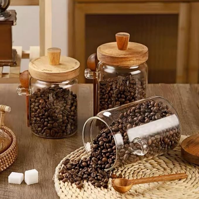 ANSQU Glass Jar with Wooden Lid & Spoon, 27oz Food Storage Containers Coffee Jar Coffee Grounds Container, Glass Food Storage Canister (1 Pack)