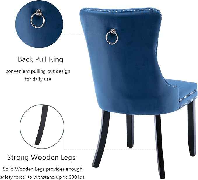 Upholstered Dining Chairs Set of 6, Velvet Dining Room Chairs with Back Ring Pull Trim and Solid Wood Legs, Tufted Wingback Kitchen Chair Perfect for Dining Room,Living Room,Kitchen(Blue)