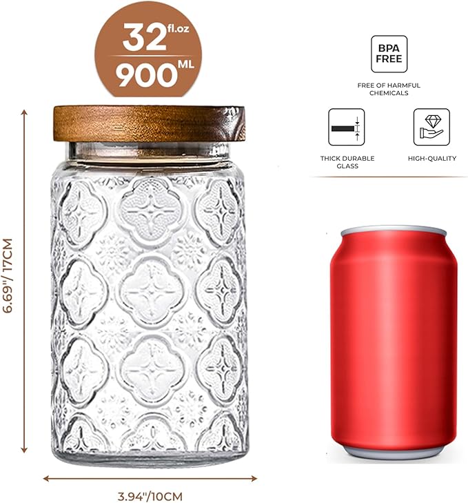 Adodeen 32oz Vintage Glass Jar With Lid, Glass Storage Containers, Airtight Kitchen Storage Containers For Sugar, Coffee, Tea, Spice, Flour, Candy Cookie, Pasta, Cereal, Cute Decorative Jars