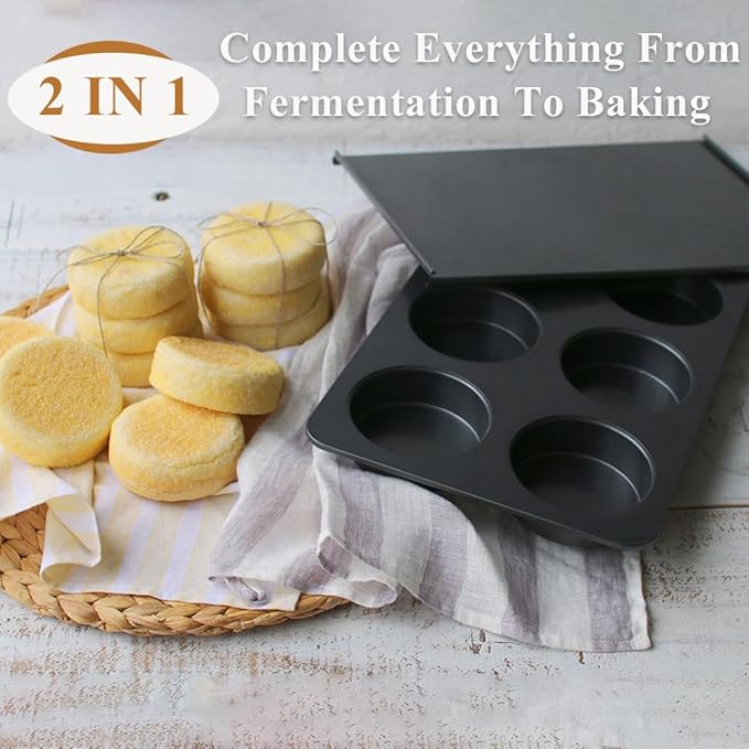 6 Cup Jumbo English Muffin Pan with Lid, Nonstick Straight Side Baking Pan, Hamburger Burger Bun Mold for Baking Egg Sandwich Frittata Cinnamon Roll Focaccia Quiche Pancake