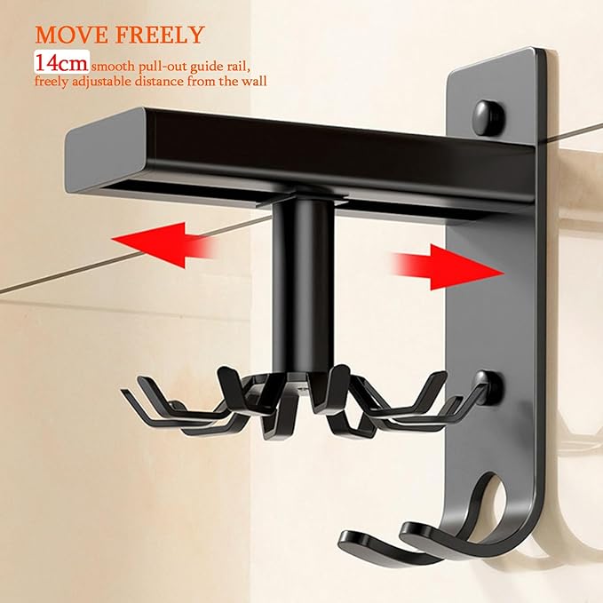Kitchen Utensils Holder Practical Rotary Tool Hook Holder Wall Mounted Cooking Utensil Rack 10 Rotatable 2 Heavy Duty Hooks Self Adhesive (Black)