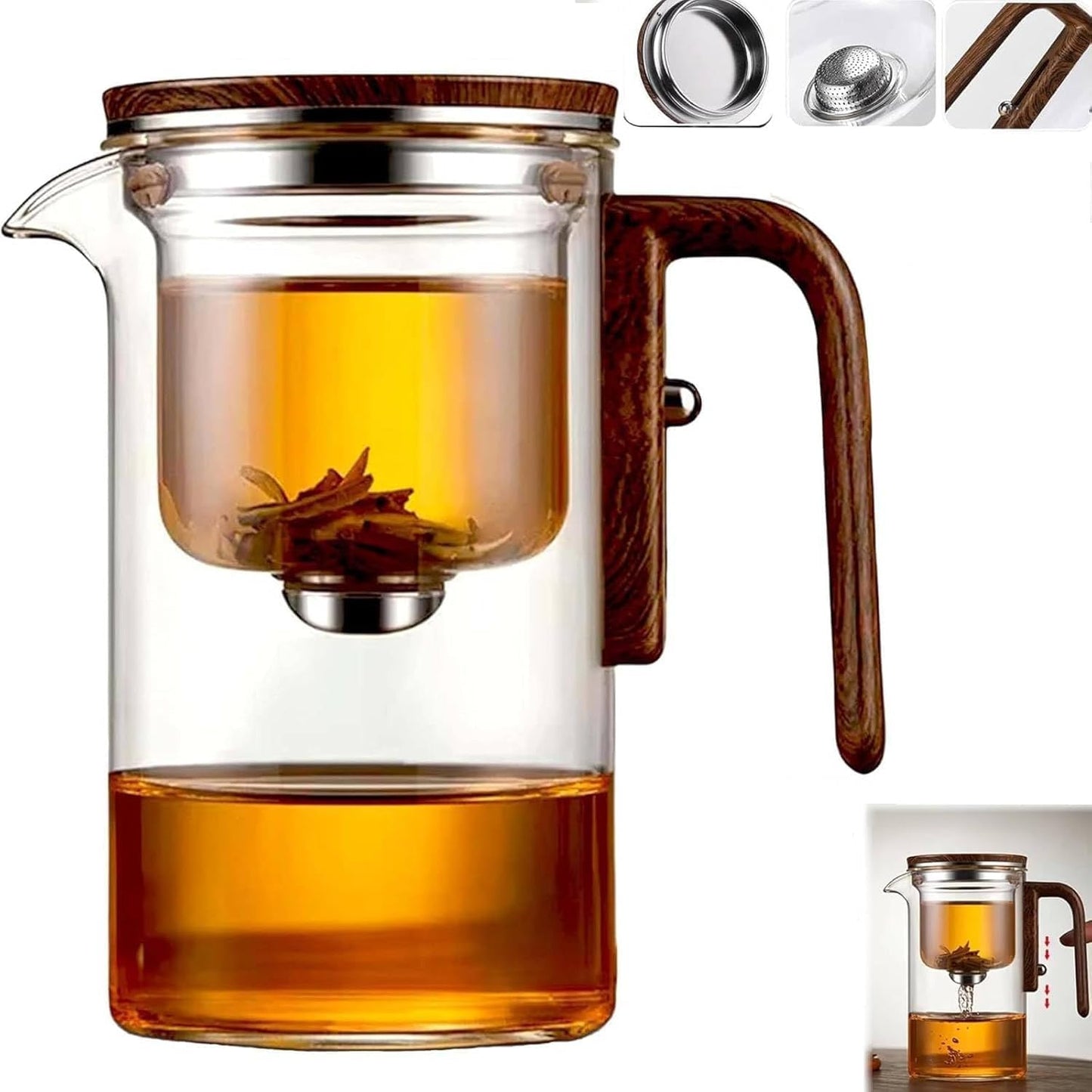Enchanti Magic Tea Pot, 900ML Water Separation Glass Teapot with Wooden Handle, Press Control Enchanti Tea Infuser with Strainer for Loose Leaf Witchcraft Tea Kettle