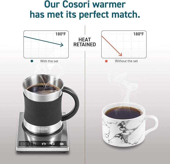 COSORI Coffee Mug Warmer & Mug Set for Desk, Cup Heater, Office & Christmas Gifts, 1°F Precise Temperature Control, Touch Tech & LCD Digital Display (77-194℉), 304 Stainless Steel, Silver/Black