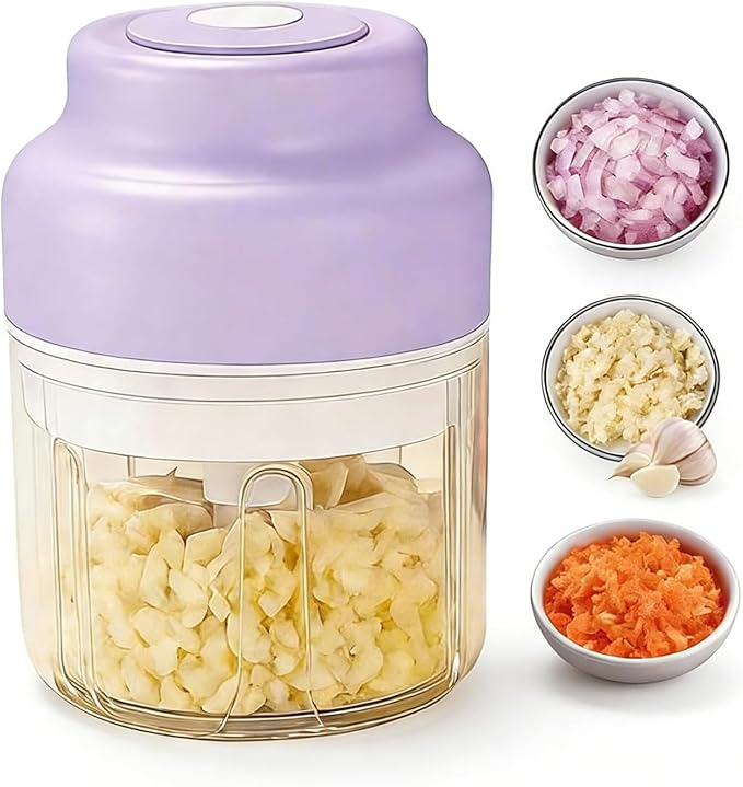 Electric Garlic Chopper Mini, Upgraded Rechargeable Veggie Chopper With Storage and Cover, One-Touch Food Processor with 4 Stainless Steel Blades for Onion Meat Chili Ginger (Purple, 250ml)