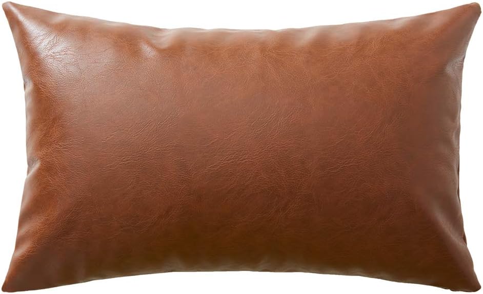 Fancy Homi Brown Boho Lumbar Faux Leather Decorative Throw Pillow Covers 12x24 Inch for Living Room Couch Bed Sofa, Solid Rectangle Cushion Case 30x60 cm, Rustic Modern Farmhouse Home Decor