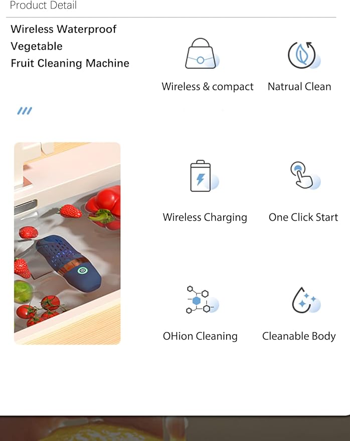 Vegetable and Fruit Cleaner Machine, Purified Water-Proof Fruit Cleaning Device with OH-ion Purification Technology 250min Working time and Wireless Charging, for Cleaning Fruit (Blue)