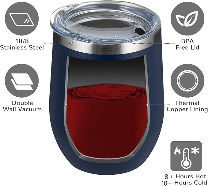 MEWAY 12oz/12 Pack Wine Tumbler Glasses with Lid -Double Wall Vacuum Stainless Steel Travel Tumbler Mug,Stemless Insulated Wine Cup for,Coffee,Cocktails,Gifts (Navy,Set of 12)