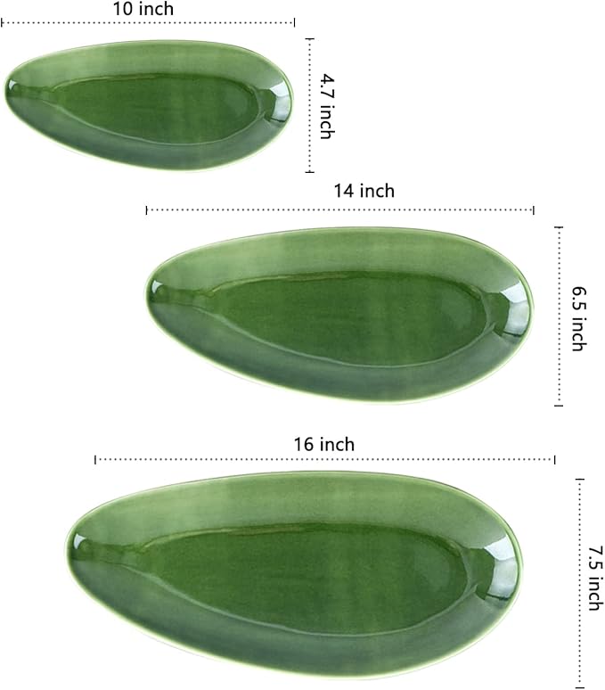 vicrays Large Oval Serving Platters, 16"/14"/10" Porcelain Serving Platters for Party, BBQ,Stackable Serving Trays Serving Plates for Appetizers, Sushi, Restaurant, Set of 3 (Green)