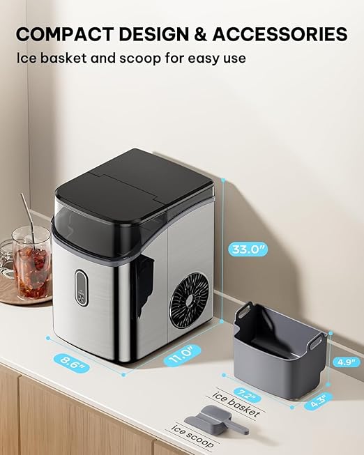Silonn Nugget Ice Maker Countertop-Soft Chewable Pebble Ice Machine with One-Click Operation & Self-Cleaning Function, 33lbs Ice Per 24 Hours, Stainless Steel Design for Home, Kitchen & Bar