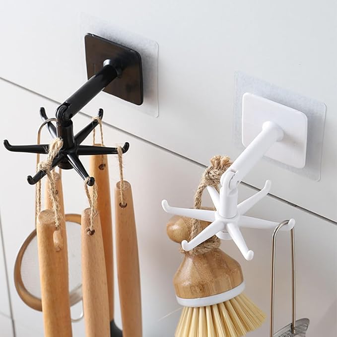 Healifty 4pcs Rotatable Kitchen Utensil Hooks Wall Hangers, Adhesive Under Cabinet Hook Set in Black and White, 360-degree Swivel Storage for Kitchen Organization and Easy Access