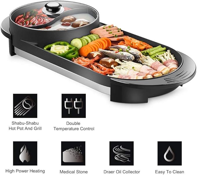 SEAAN Hot Pot with Grill, Korean BBQ Grill Indoor Hotpot Pot Electric Combo, Shabu Shabu Pot with Divider KBBQ Grill Smokeless Non-stick Separate Dual Temperature Control, for 2-12 People, 110V
