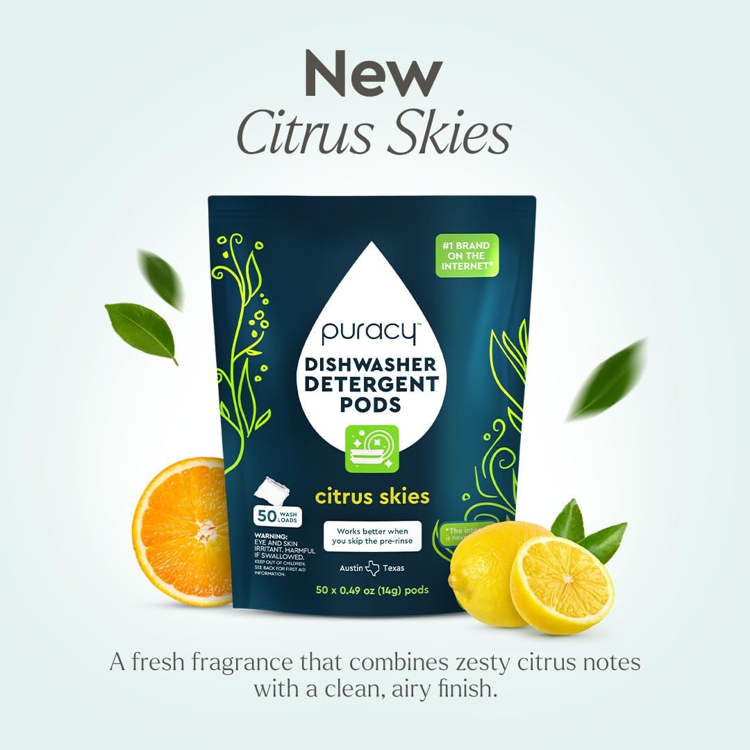 Puracy Dishwasher Pods, Natural Dishwasher Detergent, Citrus Skies Dish tabs - Enzyme-Powered, Spot & Residue Free - TikTok Trend Items, Must Haves from TikTok (Citrus Skies, 50 Count - 2 Pack)