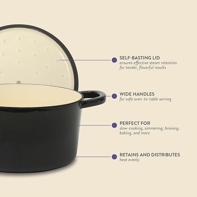 Crock Pot Artisan 7-Quart Round Cast Iron Dutch Oven with Lid – Black Enamel Finish, Gold Knob, Durable Heavy-Duty Cookware for Slow Cooking, Baking, and Roasting