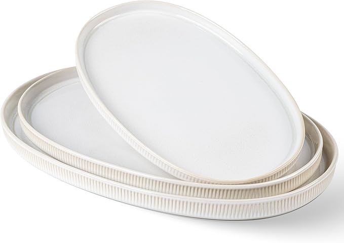 theterra Ceramic Serving Platter, 15.6"/14.4"/12.2" Oval Serving Dishes for Entertaining, Oven Safe, Microwave Safe, Serving Plates Set of 3 for Wedding, Party, Turkey, Reactive White