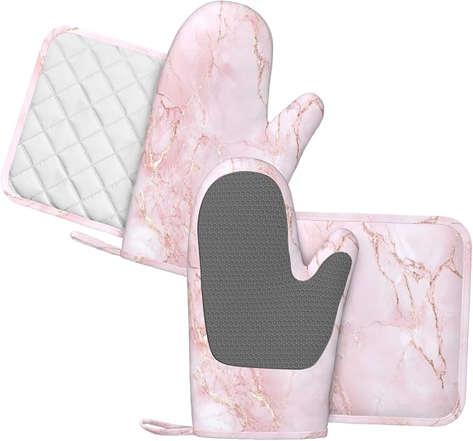 Oven Mitts and Pot Holders Light Pink Marble Art Silicone Kitchen Accessories Set of 4 Heat Resistant Long Gloves Potholder Non-Slip Grip for Chef Cooking Baking Grilling BBQ