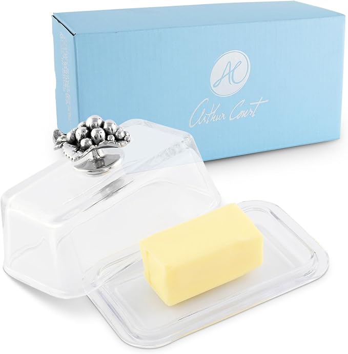 Arthur Court Glass Butter Dish with Lid Metal Grape Knob | Classic 2-Piece Design Covered Butter Keeper | Covers and Holds a Standard Stick of Butter | Classic Décor