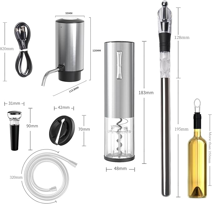 Rechargeable Electric Aeartor and Wine Opener Set with 3-in-1 Stainless Steel Bottle Cooler - Automatic Aerator, Automatic Corkscrew, Wine Chille, Vacuum Sealer, Foil Cutter, Valentine gift