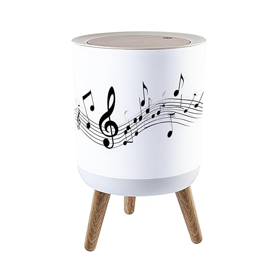 Trash Can with Lid Musical notes stave line symbols for staff music key note theme Treble Press Top Round Small Garbage Bin with Wooden Legs Waste Basket for Kitchen Bedroom Nursery 7L/1.8 Gallon