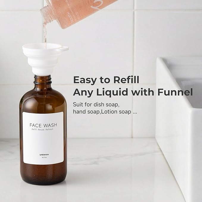 Glass Soap Dispenser Set for Kitchen, Hand and Dish Soap Dispenser with Stainless Steel Pump & Resin Tray, Rental-Modern Refillable Countertop Soap Dispenser for Kitchen Hotel,Amber