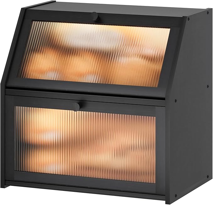Extra Large Black Bread Box for Kitchen Counter, Large Bamboo Wood Double Layer Bread Box, Wooden Bread Storage Capacity