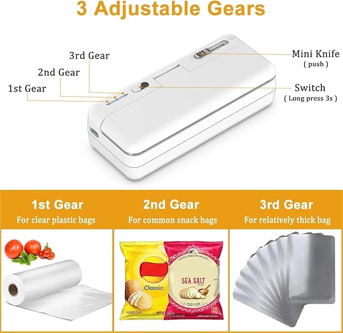 Vacuum Sealer Machine, Mini Plastic Bag Sealer Heat Sealing Machine Food Packaging Bags Clip Handheld Rechargeable for Food(White)