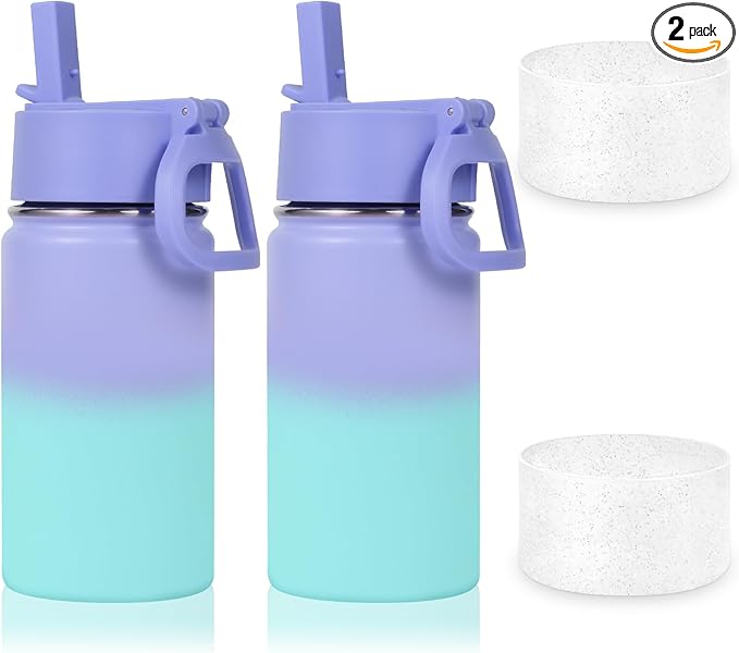 Volhoply 14oz KIds Water Bottle with Straw Lid and Silicone Boot Bulk 2 Pack,Stainless Steel Insulated Bottles for Boys & Girls Multipack, Double Wall Vacuum Leakproof Bottles(Purple Blue,2)