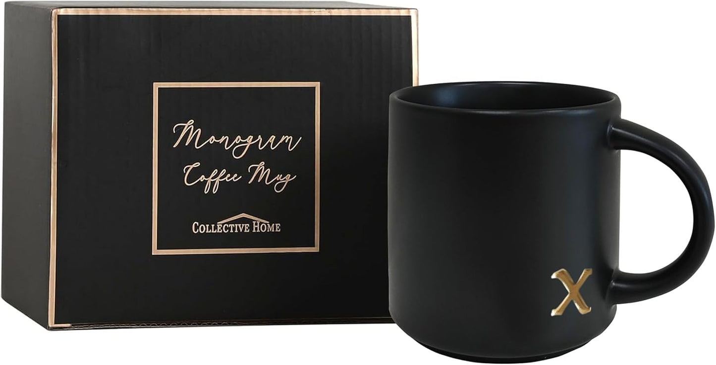 COLLECTIVE HOME - Black Monogram Ceramic Mugs, 15 oz Golden Initial Coffee Cups, Elegant Alphabet Tea Mugs, Personalized Halloween Mug with Gift Box, Perfect for Office and Home Décor (x)