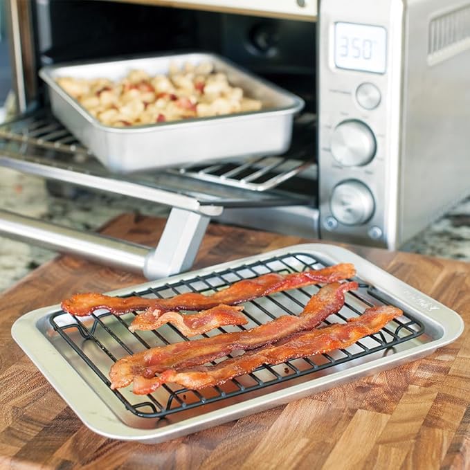 Nordic Ware Naturals 3 Piece Compact Pan Set, Toaster Oven, Counter Ovens, Air Fryer and Broiler Safe, Size for 1-2 Portions - Includes Baking Sheet, Broiling Rack and Rectangular Pan