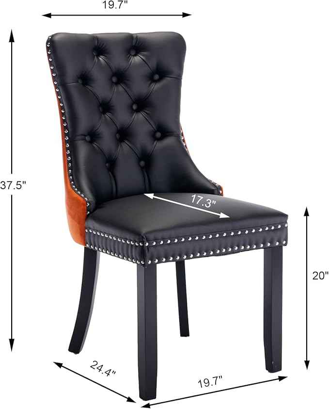 Dining Chairs Set of 4, Upholstered Dining Room Chairs with Back Ring Pull Trim and Solid Wooden Legs, Modern Tufted Kitchen Chairs Perfect for Dining Room, Black Pu Leather Splicing Orange Velvet