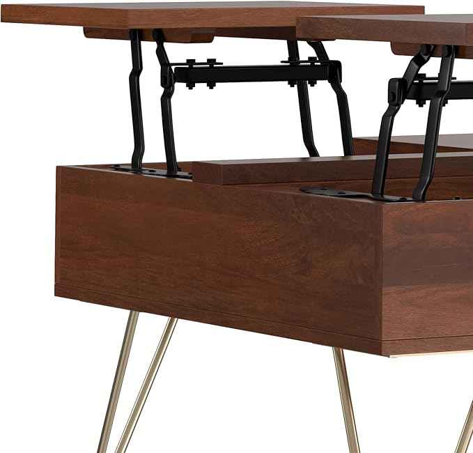 SIMPLIHOME Hunter Lift Top Coffee Table - 32 inch Wide Solid Mango Wood Industrial Square Cocktail Table in Umber Brown, Living Room Table with Dual Lift Tops, Hidden Storage and Gold Hairpin Legs