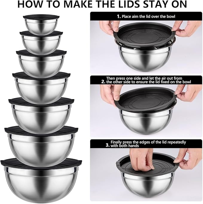Leidawn Mixing Bowls with Lids set - 25 PCS Stainless Steel Nesting Black Mixing Bowls Set for Baking, Mixing, Serving & Prepping, Size 5, 3.7, 2.8, 2.3, 1.7, 1.1, 0.7QT, 11 Cooking Utensils