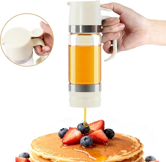 Syrup Honey Dispenser, 12 OZ Glass Syrup Bottles with Handle, No Drip Pouring, Coffee Bar Accessories for Coffee and Tea, White, 2 Pack