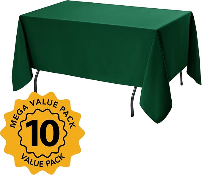 10-Pack Hunter Green Tablecloths for Rectangle Tables, 60 x 120 Inches, Stain-Resistant Polyester Fabric for 6 Foot Tables - Washable Table Covers for Weddings, Birthday Parties, Events