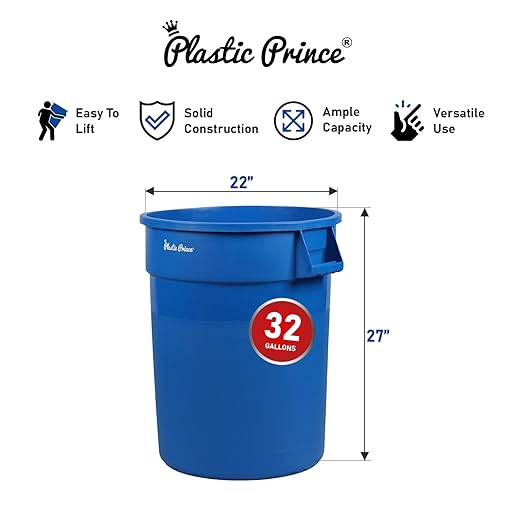 PLASTIC PRINCE 32 Gallon Round Trash Can Container Blue Plastic Commercial Garbage Bin for Home Garage Restaurants Warehouses