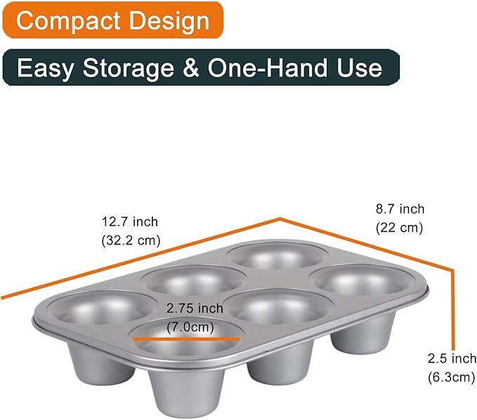 Nonstick Popover Pan, Extra Deep,6-Cup Capacity, Heavy-Duty Steel,13x9inch,Compact Design Fits Small Ovens,450°F Oven Safe