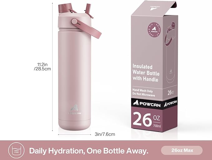 POWCAN 26 oz Insulated Water Bottle with 2-in-1 Straw and Spout Lid, Keep Cold 24H, Leak-Proof, Fits in Car Cup Holder, Stainless Steel Water Bottle for Sports, Travel, Gym, and School (Dried Rose)