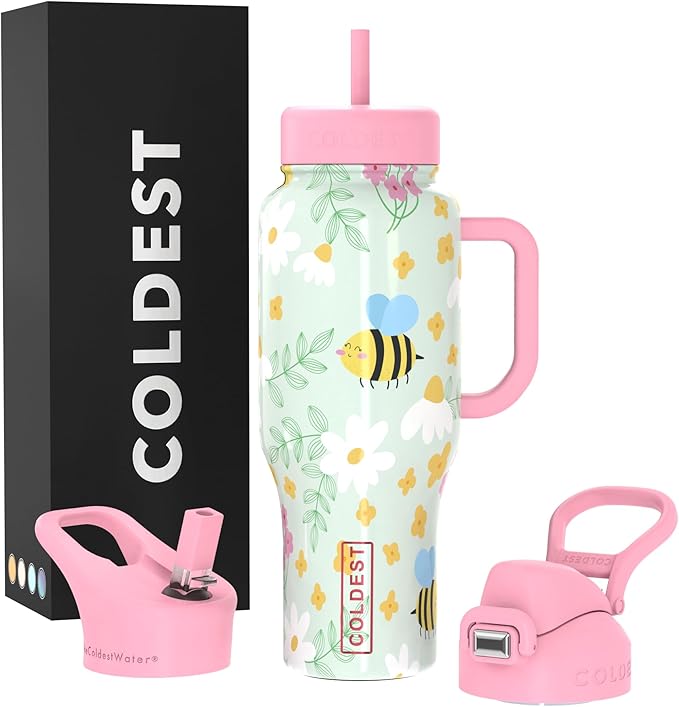 Coldest Tumbler with Handle and Straw, 100% Leak Proof Insulated Tumbler with Lid and Straw (3 Lids), Stainless Steel Tumblers for Women & Men, Cup Holder Friendly Base, 46 oz (Stung by a bee)