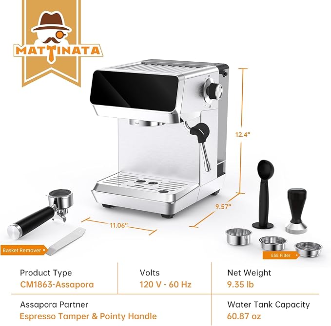 MAttinata Espresso Machine 20 Bar, Espresso Coffee Maker with Professional Milk Frother Steam Wand for Cappuccino & Latte, 60oz Removable Water Tank for Home，Stainless Steel