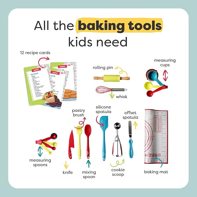 Baketivity Kids Baking Bundle – DIY Cake Pop Kit & 31-Piece Real Kids Cooking Set – Pre-Measured Kosher Ingredients, Safe Utensils, Illustrated Recipes & Video Guide – Fun Gift for Ages 6+