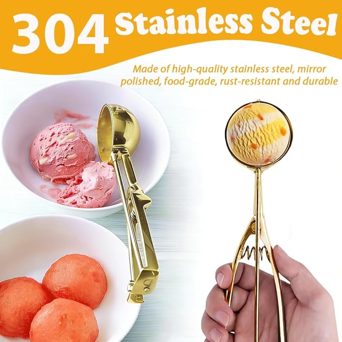 3 Pcs Ice Cream Scoop with Trigger Release, 304 Stainless Steel Cookie Scoops for Baking & Food Prep, Easy to Clean Dishwasher Safe Scooper for Ice Cream, Cookie Dough, Cupcakes, Fruit and Meatballs