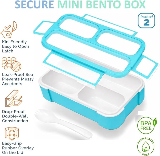 Small Snack Containers for Kids Toddlers - 3 Compartments (Set of 2) - Leak-Proof Reusable Boxes with Lids - BPA-Free Plastic Mini Bento Lunch Box - Holds 2 Cups Capacity (Pastel Blue+Teal Sparkle)