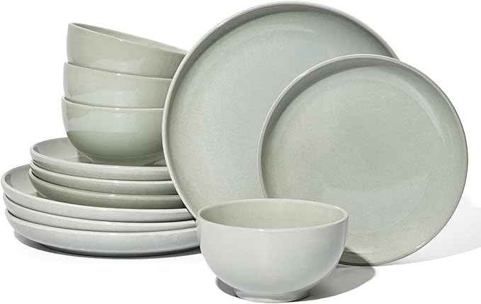 Santorini Mist Terracotta Reactive Glaze Plates and Bowls Sets, Stoneware Dinnerware Sets, Microwave and Dishwasher Safe Ceramic Dish Set Service for 4, Slate Green
