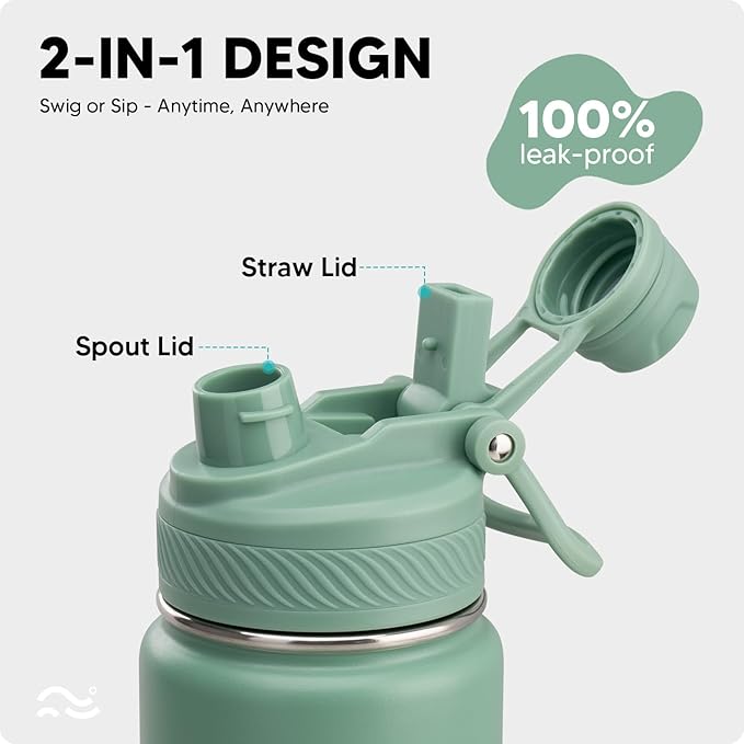 Swigina [2-IN-1 LID] Insulated Water Bottle with Silicone Boot (36hrs Cold/18hrs Hot) - DIY Stickers, Leakproof, BPA Free, 24 oz