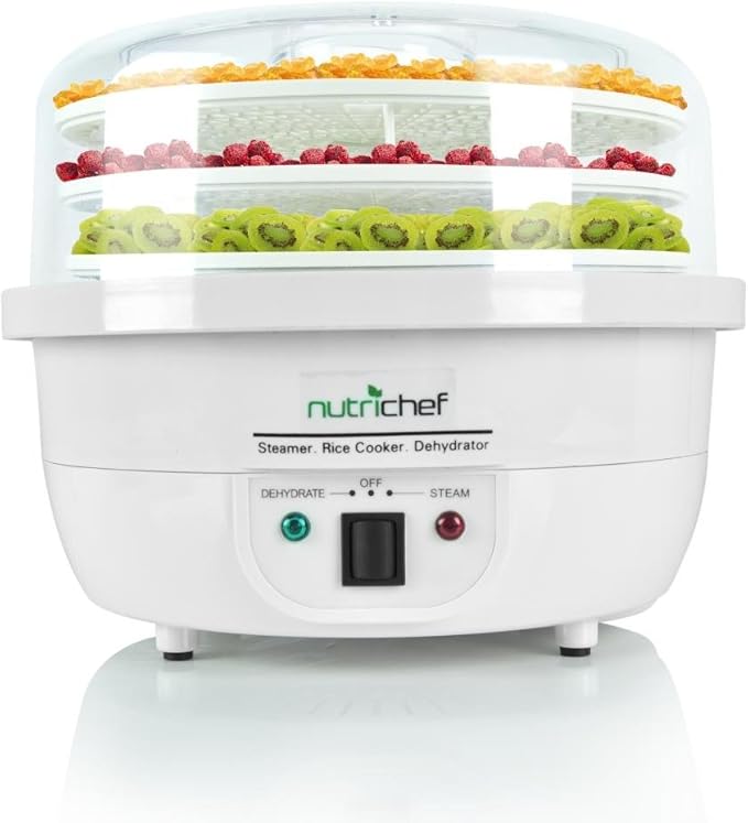 NutriChef Food Dehydrator Machine and Professional Electric Steamer, Cooker, Meat Preserver, Beef Jerky Maker, Fruit Dryer, Steams Rice and Vegetables with Stackable Trays in White - (PKFDSRC10WT)